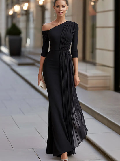 One Shoulder Draped Skirt Pleated Maxi Dress