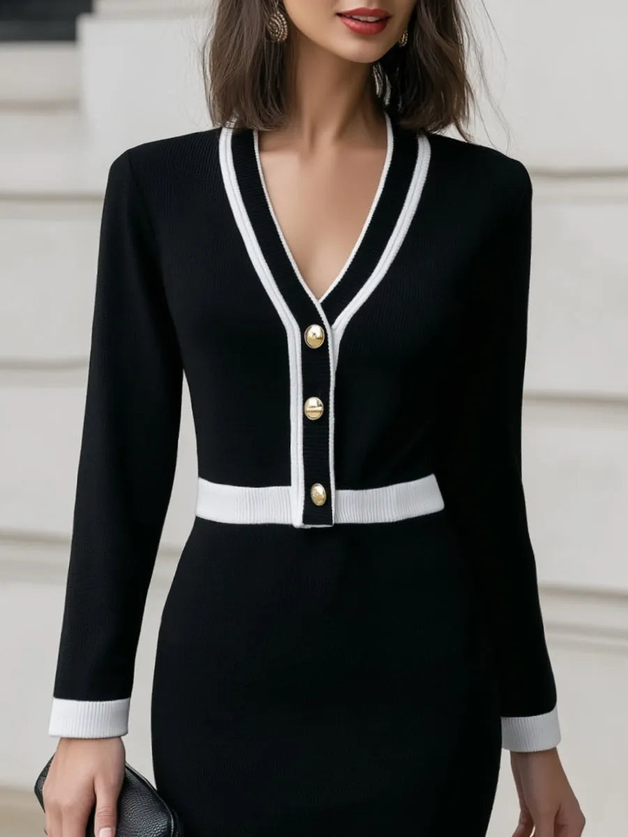 Front Buttons Contrast Trim Knit V-Neckline Dress