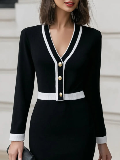 Front Buttons Contrast Trim Knit V-Neckline Dress