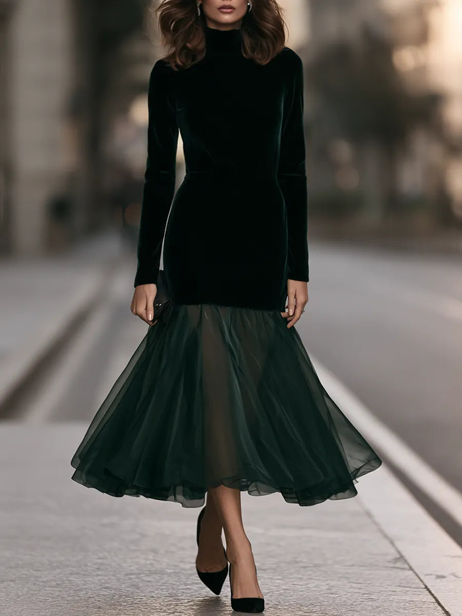 Turtleneck Sheer Organza Flare Hem Velvet Trumpet Maxi Dress