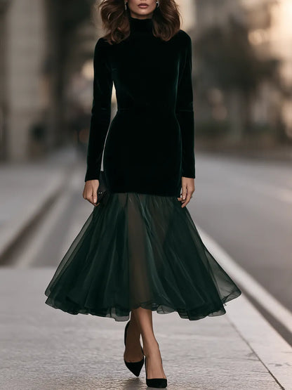 Turtleneck Sheer Organza Flare Hem Velvet Trumpet Maxi Dress