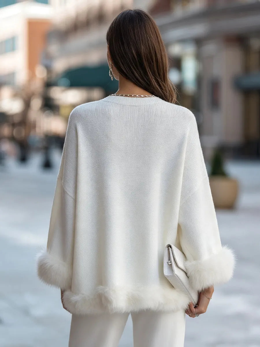 Elegant Faux Fur-Trimmed Knit Sweater