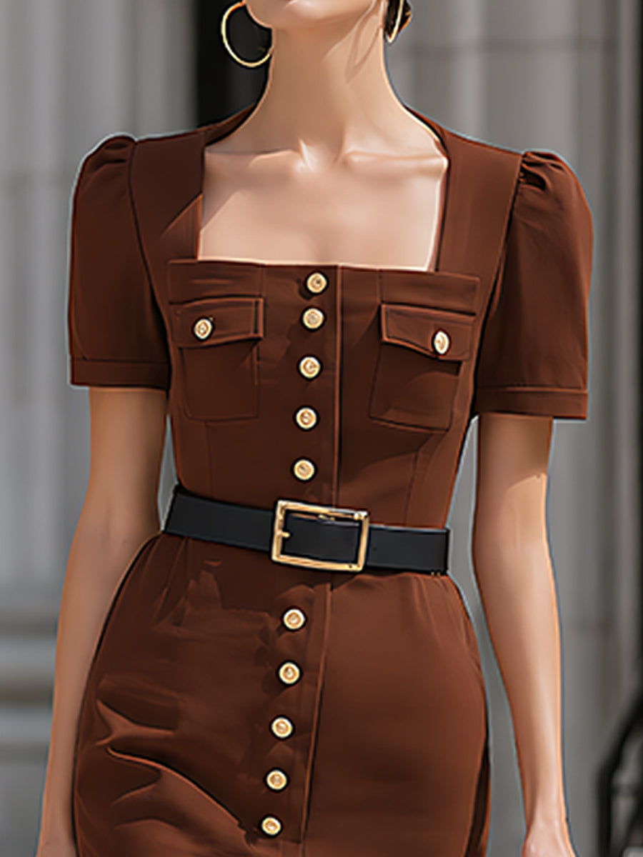 Square-Neck Belted Button-Front Midi Dress