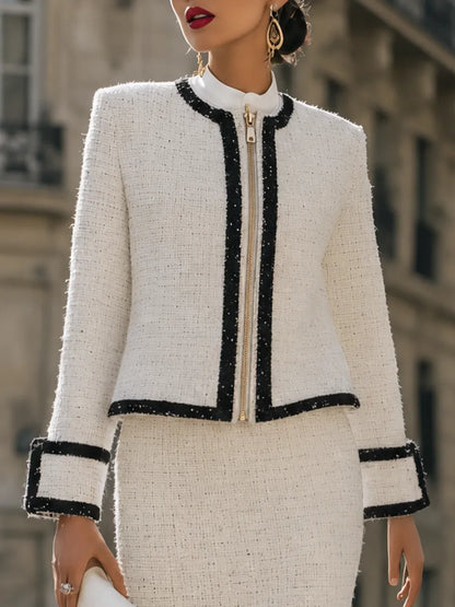 Contrast-Trim Zip-Front Jacket And Pencil Midi Skirt Set