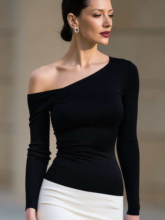 Haut en maille élégant, asymétrique, une épaule, manches longues
