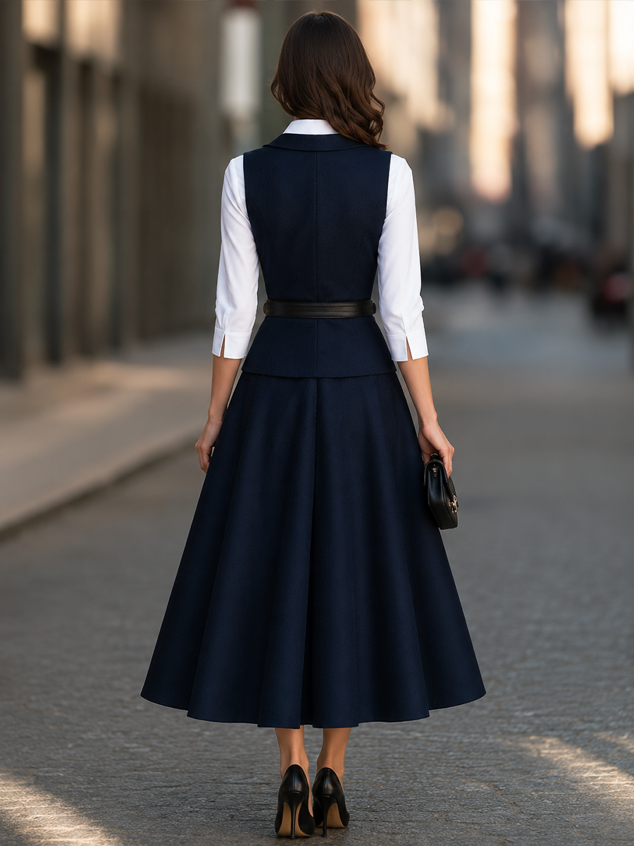 Point-Collar Shirt, Tailored Vest And Flared Midi Skirt Three-Piece Set