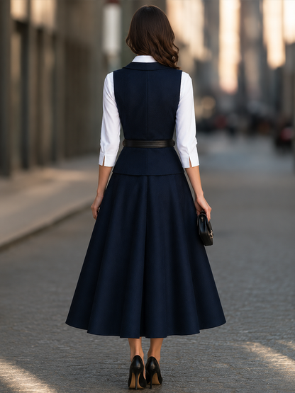 Point-Collar Shirt, Tailored Vest And Flared Midi Skirt Three-Piece Set