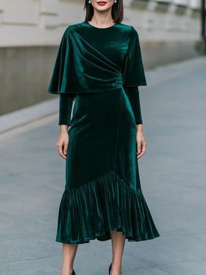 Draped Cape Sleeve Velvet Midi Dress