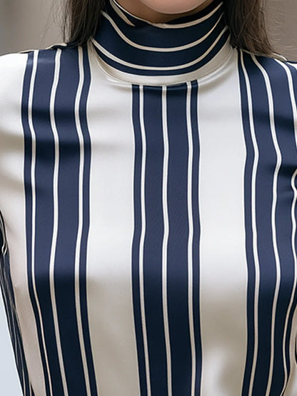 Striped Satin High-Neck Blouse