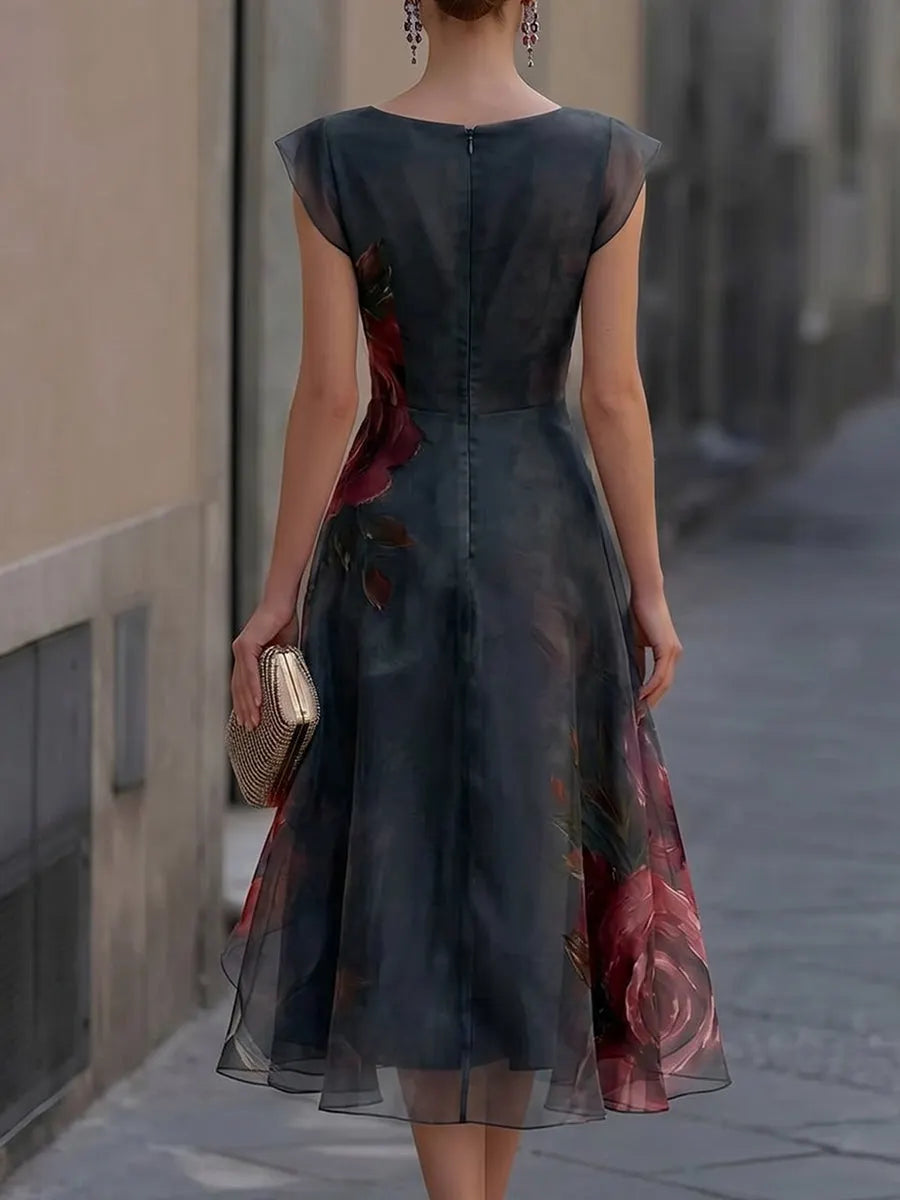 Elegant Watercolor Floral Boat Neck Wrap Waist Layered Organza High-Low Formal Midi Gown