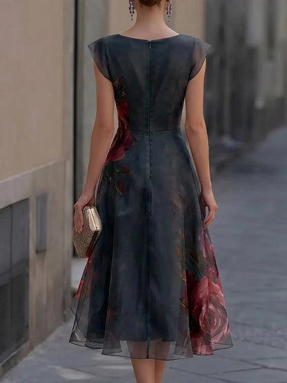 Elegant Watercolor Floral Boat Neck Wrap Waist Layered Organza High-Low Formal Midi Gown