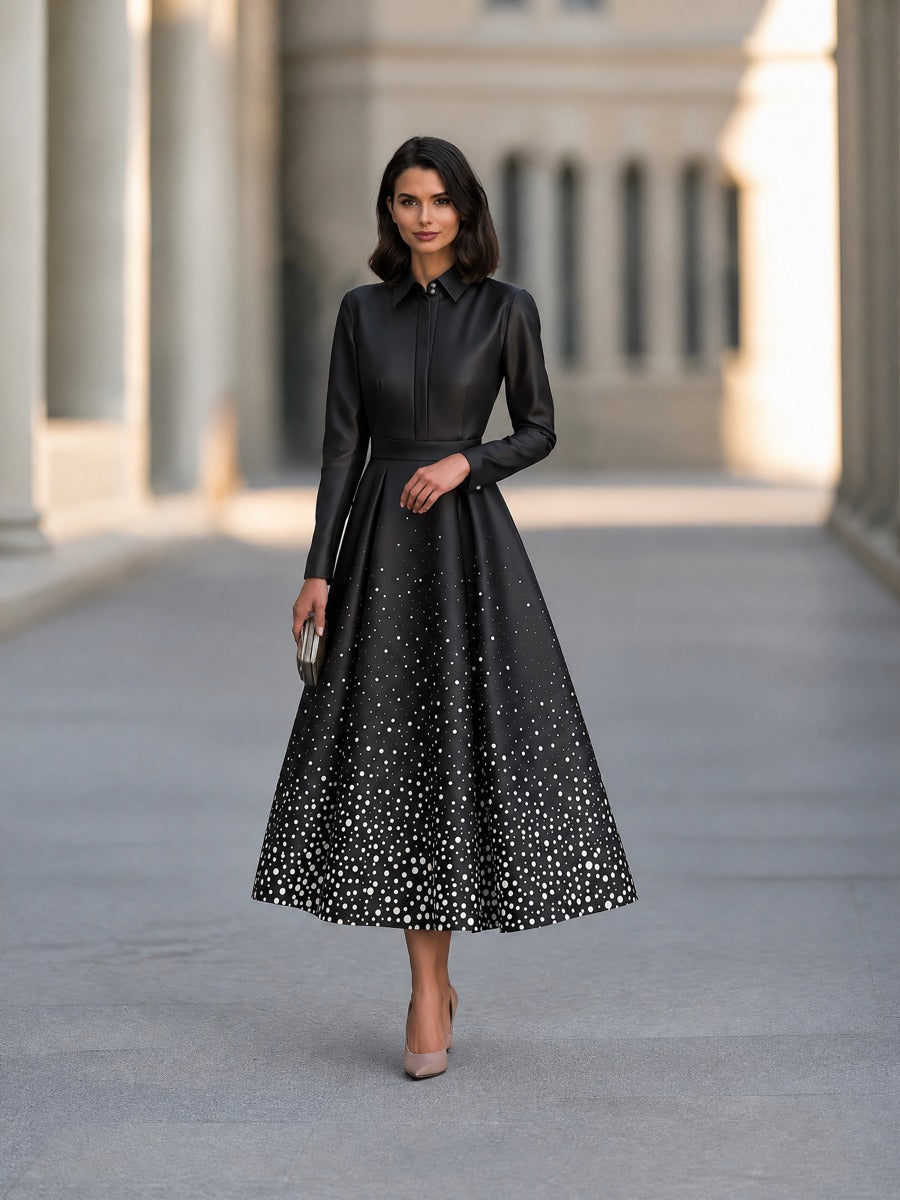 Women's Black Long-Sleeve Collared Polka Dot A-Line Midi Dress