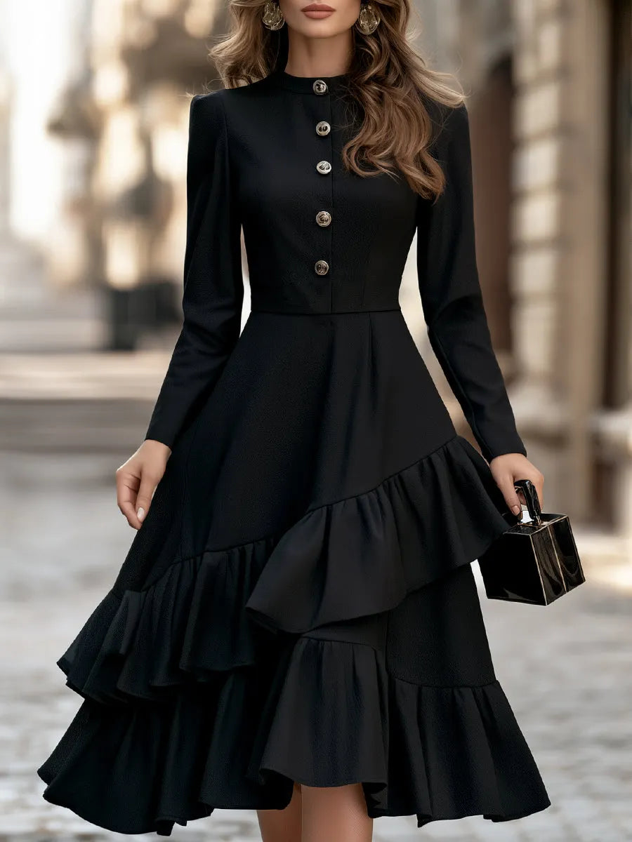 Tiered Ruffle Hem Button Front Midi Dress