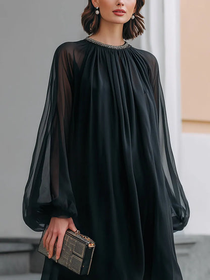 Sheer Chiffon Long Sleeve Smocked Neck Mini Dress