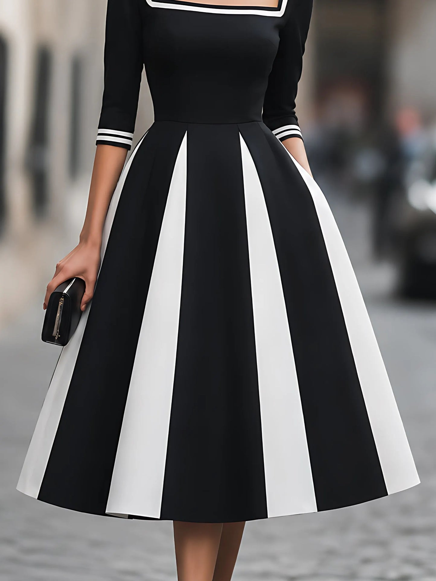 Contrast-Panel Square-Neck A-Line Midi Dress
