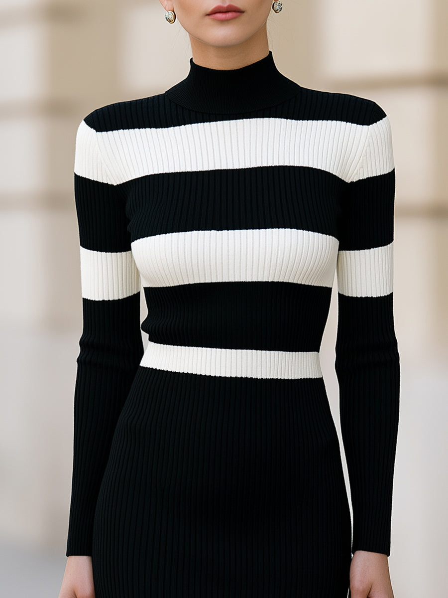 Contrast Stripe Ribbed Knit Mock Neck Midi Dress