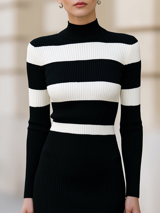 Contrast Stripe Ribbed Knit Mock Neck Midi Dress