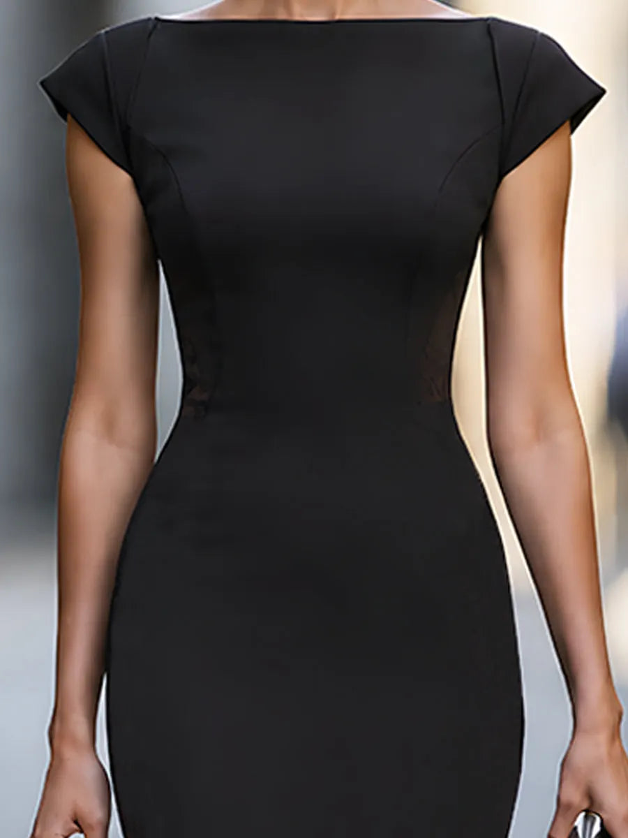 Lace Panel Cap Sleeve Column Midi Dress