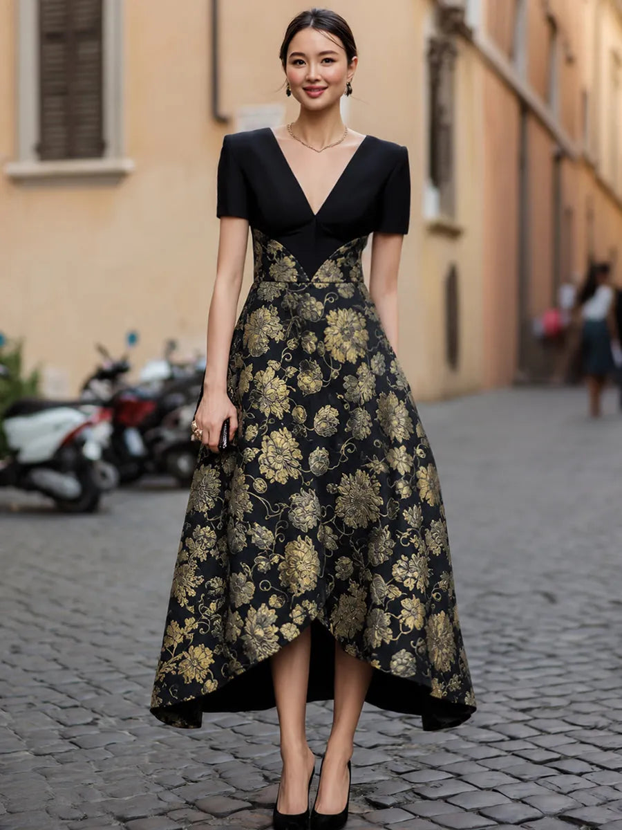 Floral Jacquard V-Neck High-Low Evening Dress