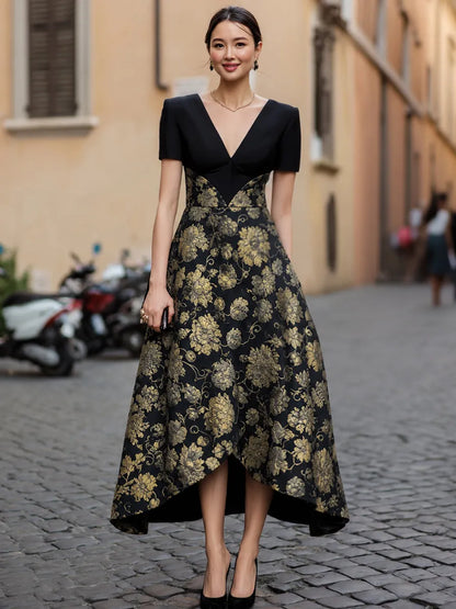 Floral Jacquard V-Neck High-Low Evening Dress
