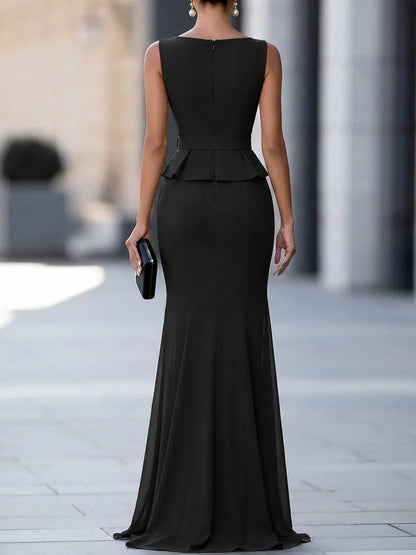 Belted Chiffon Skirt Front Slit Mermaid Maxi Dress