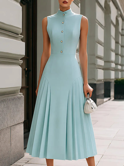 Stand-Collar Button-Front Pleated Midi Dress