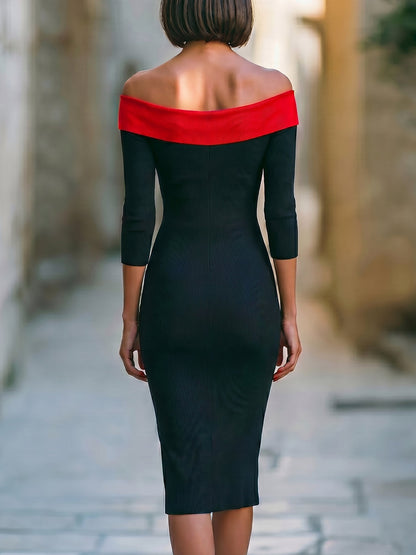 Black & Red Off-Shoulder Ribbed Bodycon Midi Dress