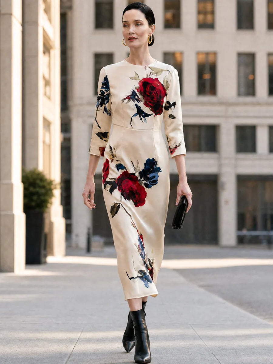 Floral Print Round Neck 3/4 Sleeve Bodycon Midi Dress