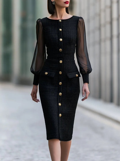 Tweed Midi Dress With Gold Button Detailing And Sheer Puff Sleeves