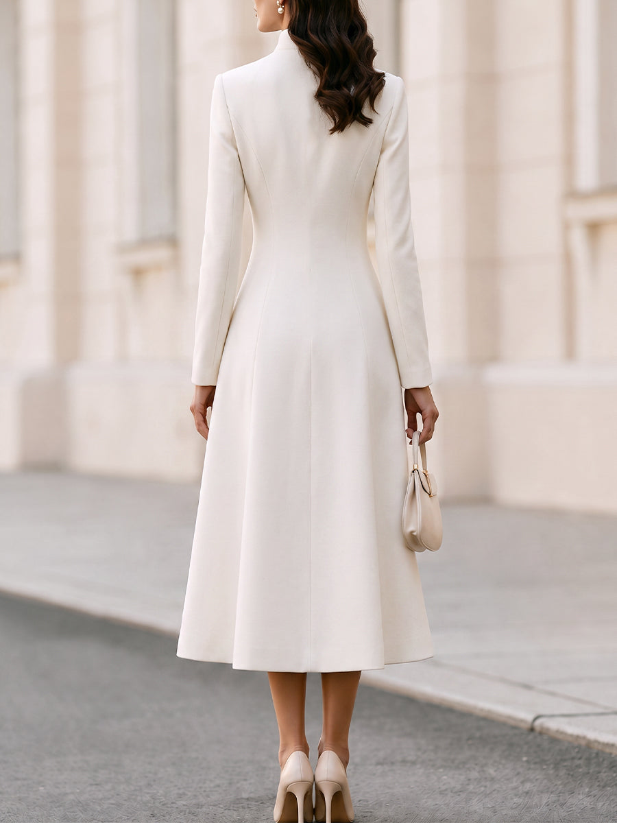 Stand‐Collared Button‐Front Fit‐and‐Flare Midi Coat‐Dress