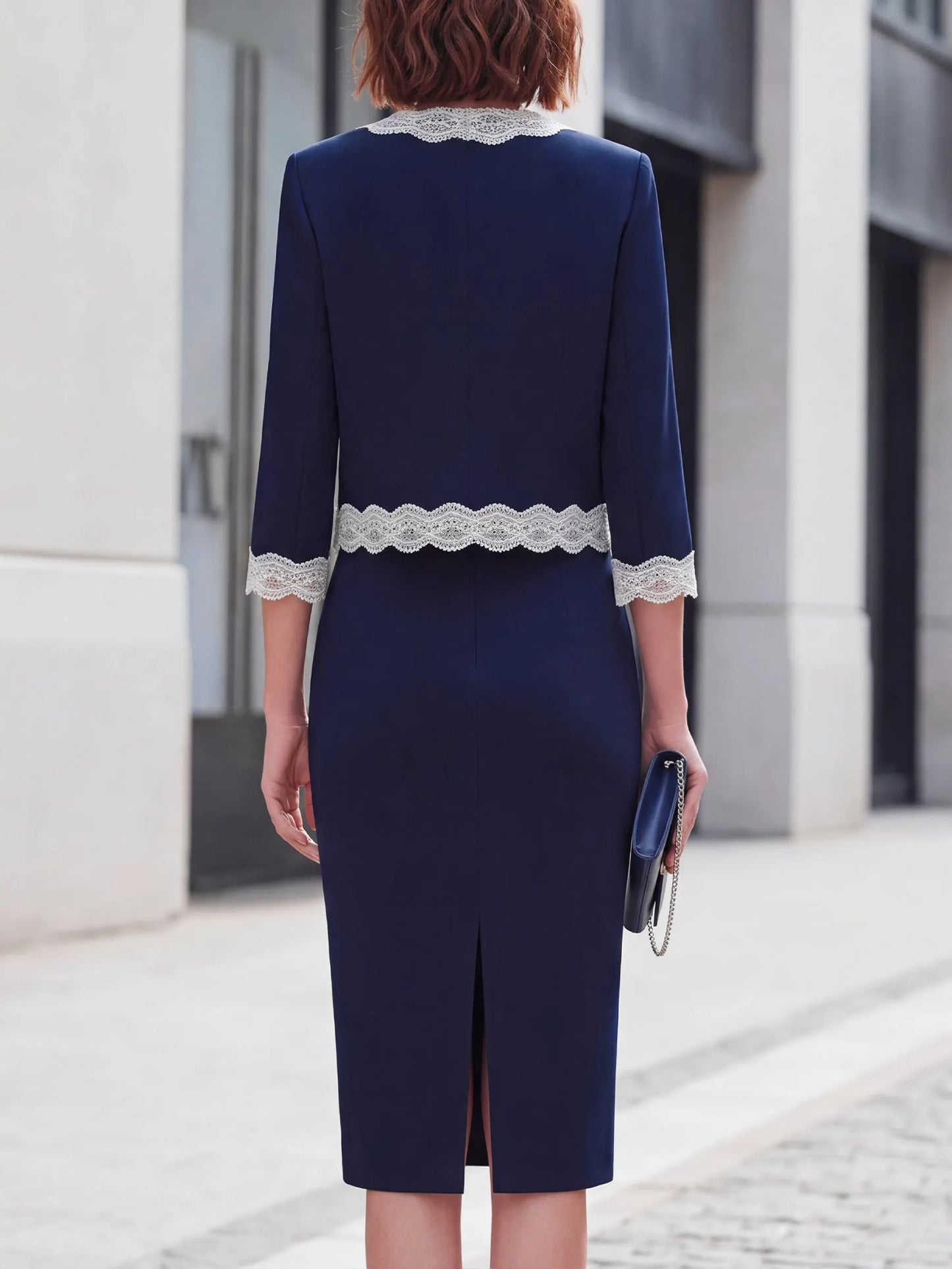 Lace-Trimmed Tailored Jacket And Sheath Dress Set