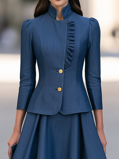 Elegant Stand Collar Ruffled Blazer Jacket And A-Line Skirt Set