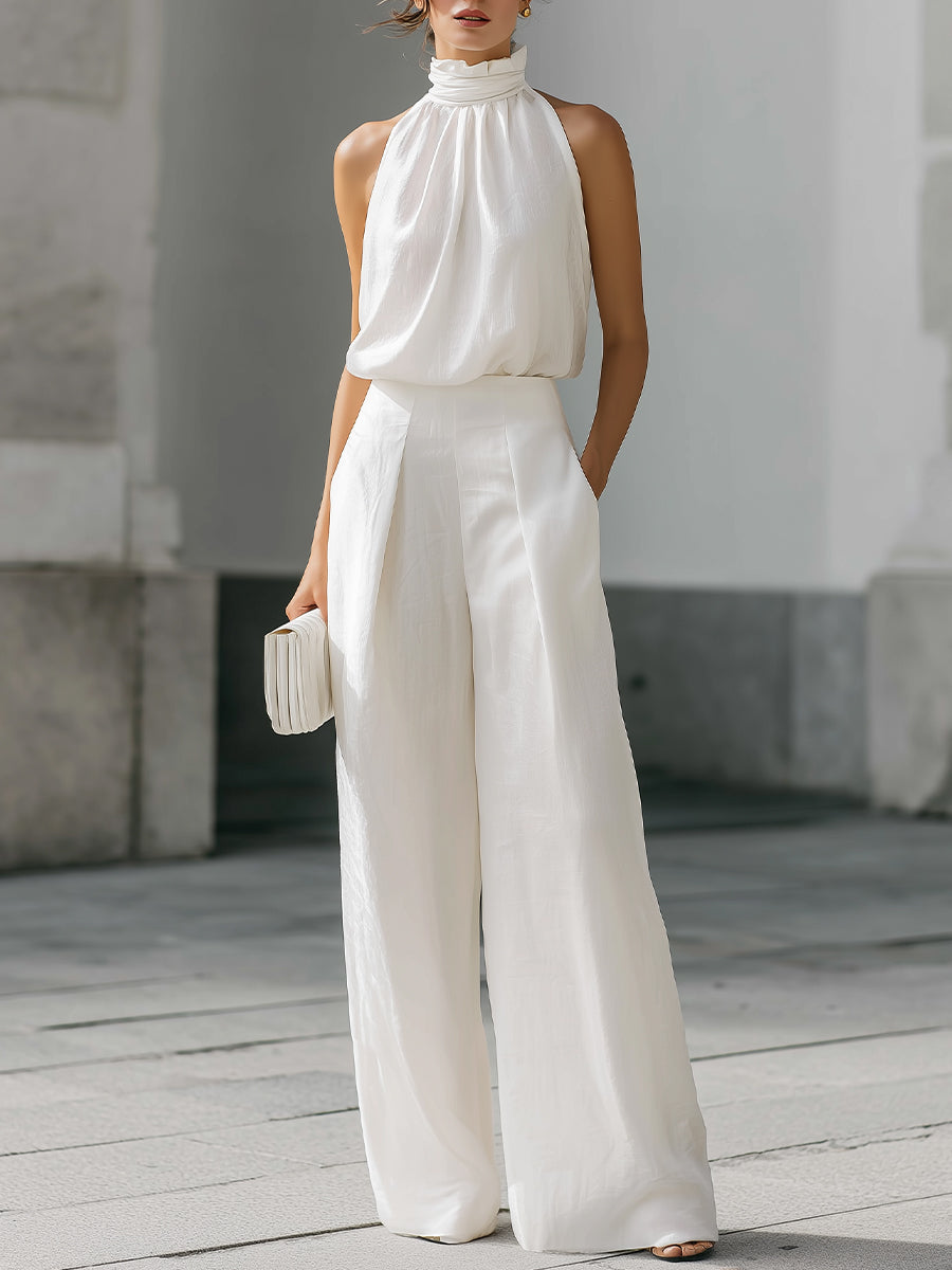 High-Neck Halter Top And Wide-Leg Trousers Set With Fluid Silhouette