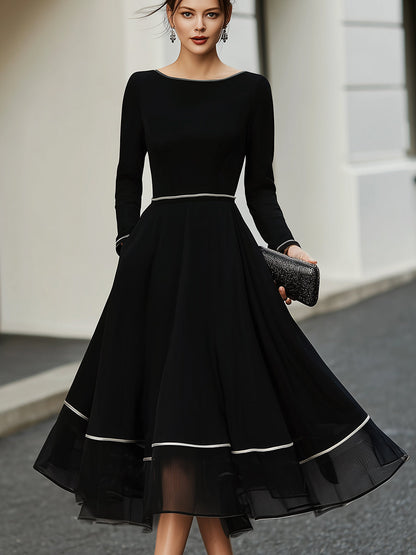 Long Sleeve Contrast Trim Midi Dress With Flared Skirt