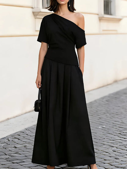 One Shoulder Short Sleeve Ruched Waist Pleated Maxi Dress