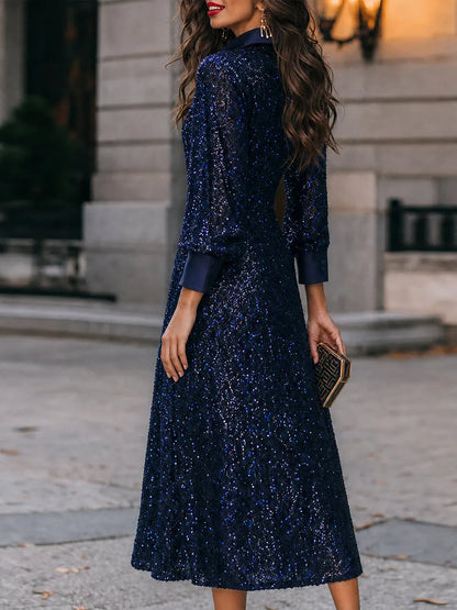 Navy Sequin Long Sleeve Button-Up Shirt Midi Dress