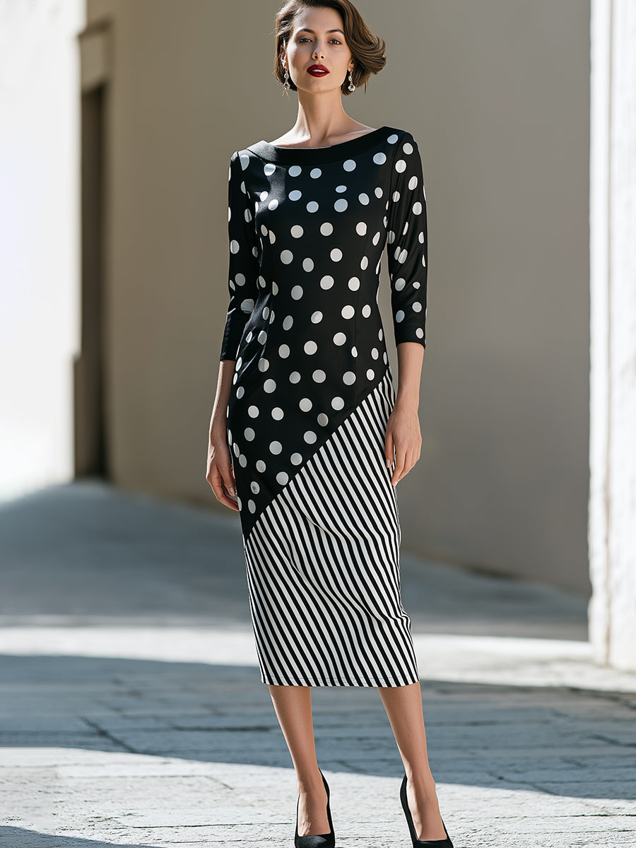 Mixed-Print Asymmetrical Midi Dress