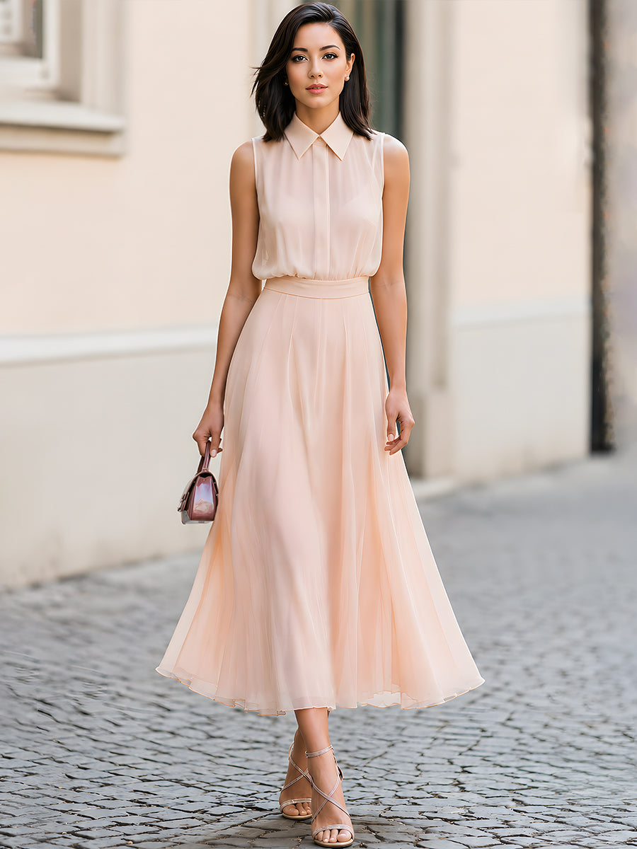 Sleeveless Collared Chiffon Maxi Dress With Flowing A-Line Skirt