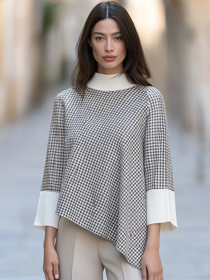 Houndstooth Spliced Knit Sweater Asymmetric Hem Mock Neck Batwing Top