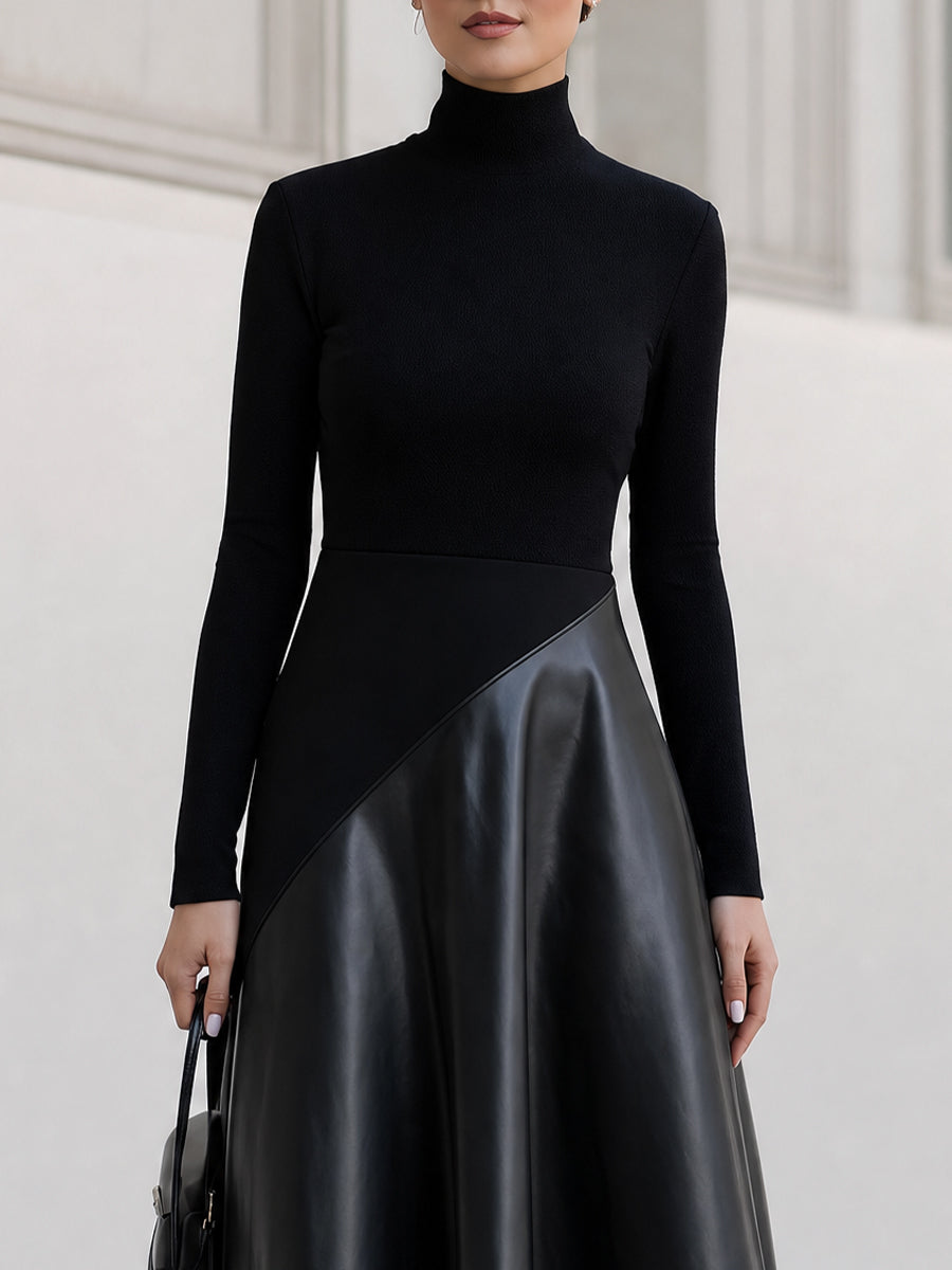 Turtleneck Long Sleeve Asymmetrical Midi Flare Dress