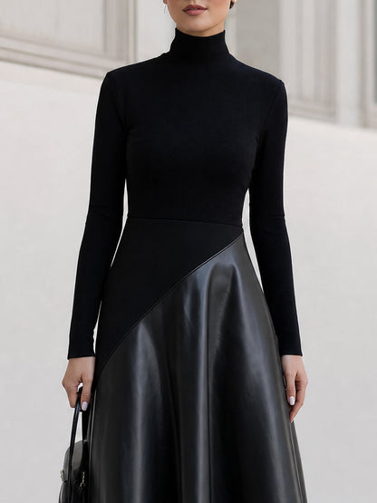 Turtleneck Long Sleeve Asymmetrical Midi Flare Dress