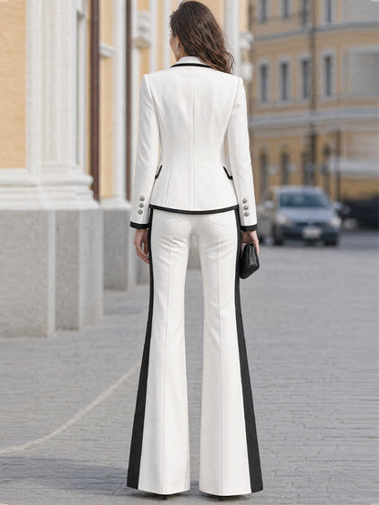 Black Piping Trim  White Blazer & Side Stripe Flared Trousers Two-Piece Suit