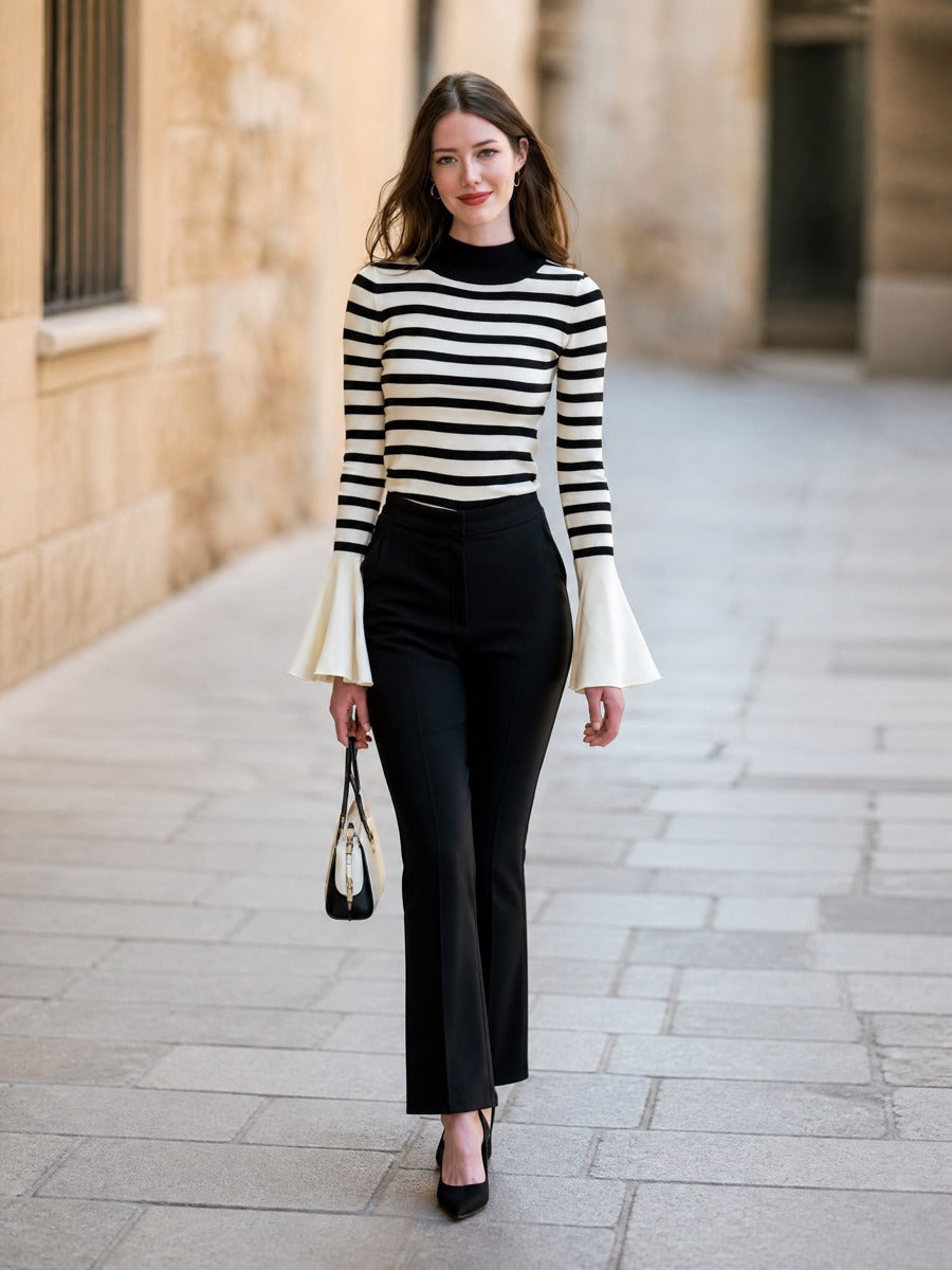 Striped Mock-Neck Flared-Cuff Knit Top