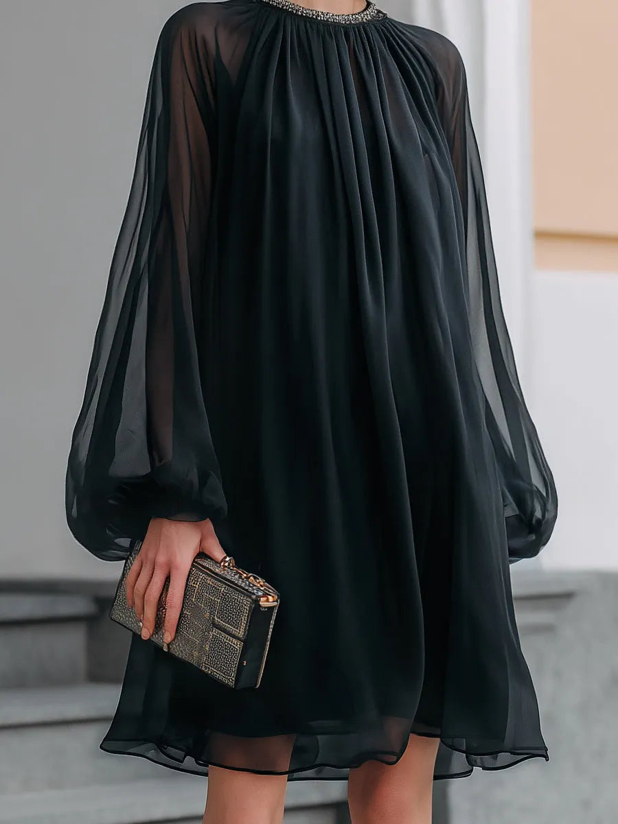 Sheer Chiffon Long Sleeve Smocked Neck Mini Dress