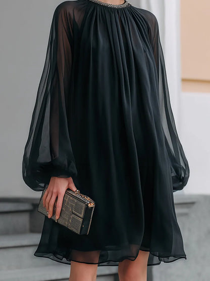Sheer Chiffon Long Sleeve Smocked Neck Mini Dress
