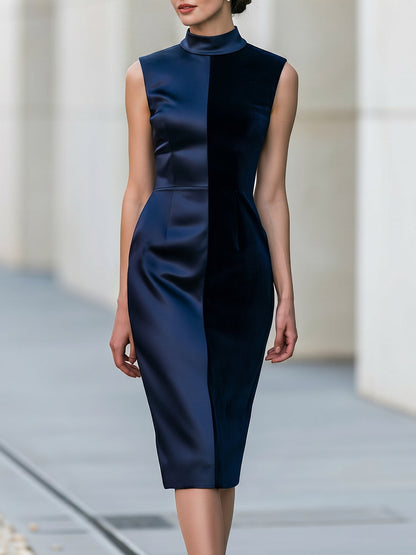 Sleeveless Colorblock Mock Neck Sheath Midi Dress