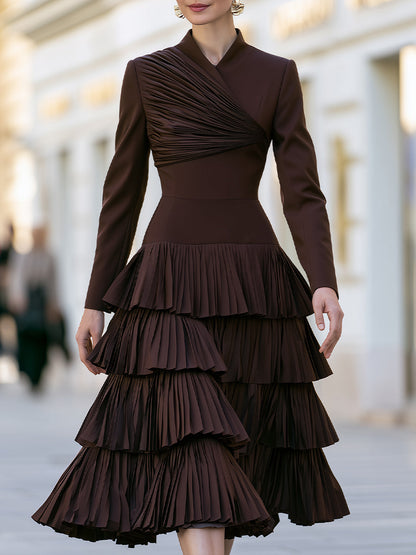 Pleated Wrap Bodice Tiered Ruffle Midi Dress