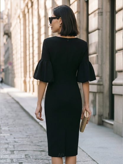 Black Puff Sleeve Sheath Dress Elegant Minimal Office Midi Dress