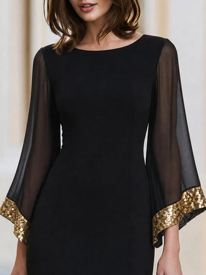 Boat Neck Sheer Flare Sleeve Gold Sequin Trim Bodycon Mini Dress