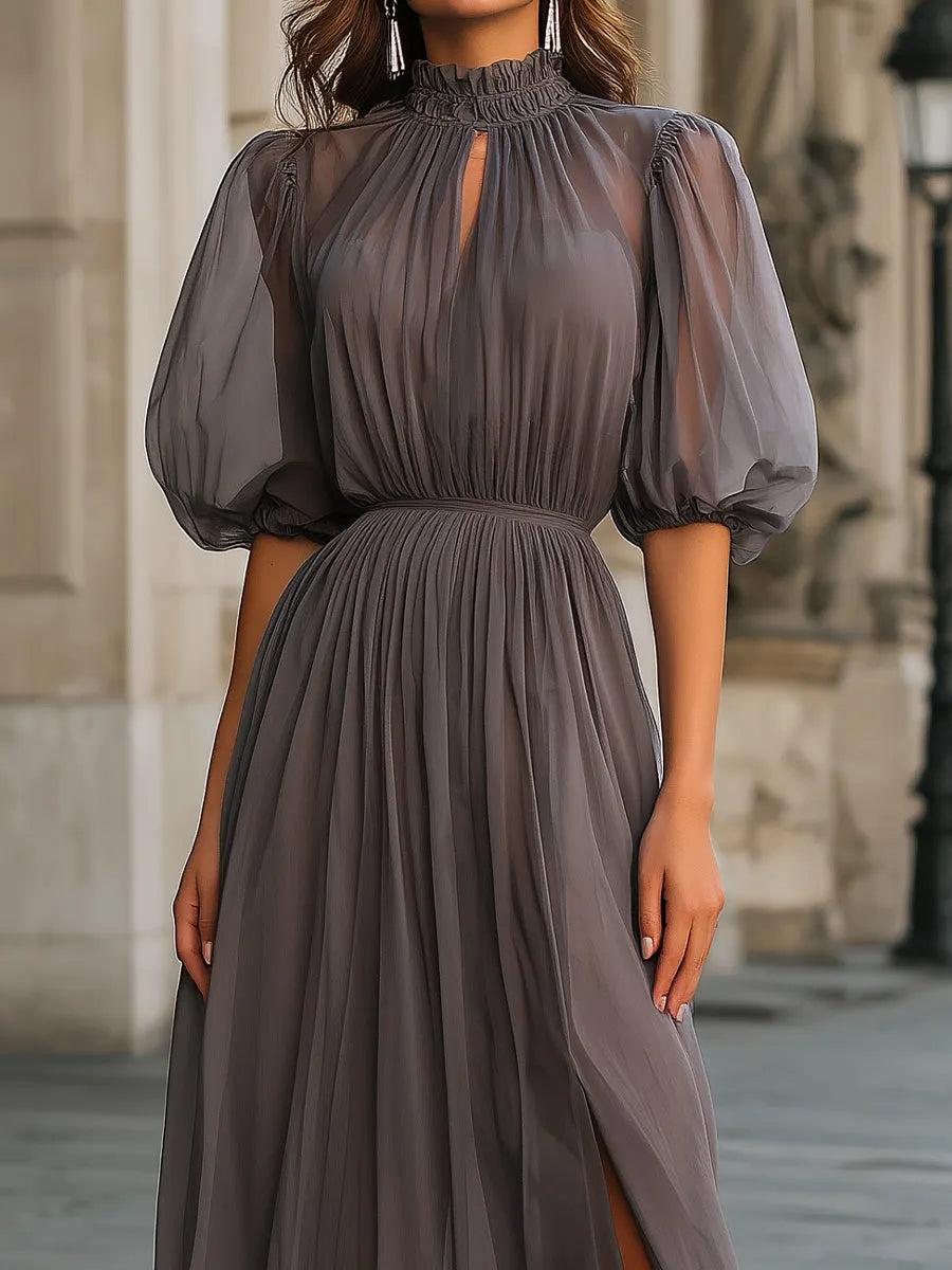 High Neck Gathered Chiffon Maxi Dress With Front Slit